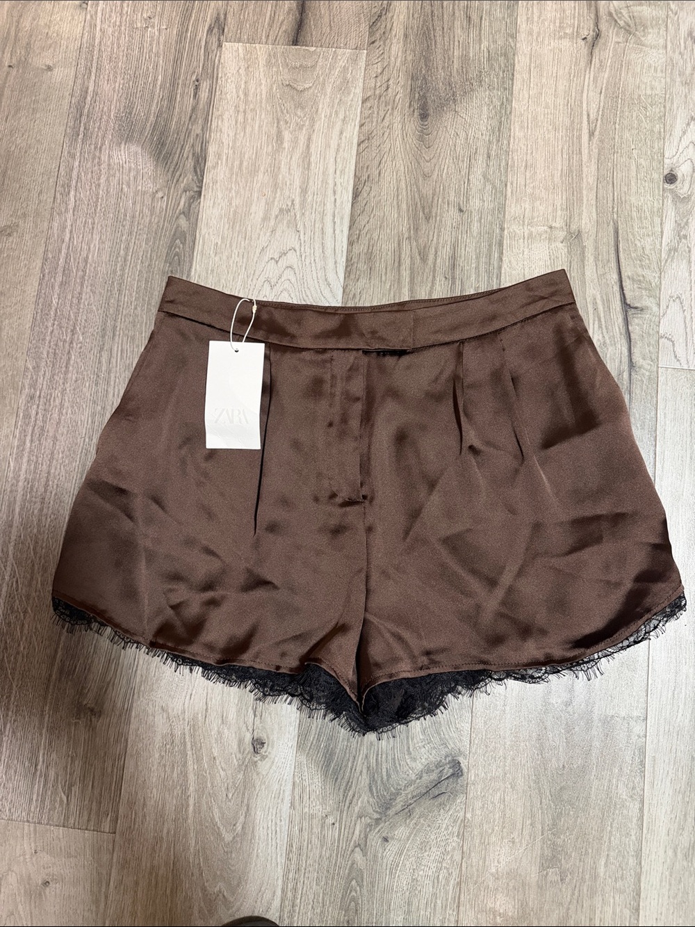 ZARA Chocolate Brown Satin Shorts with Black Lace Trim